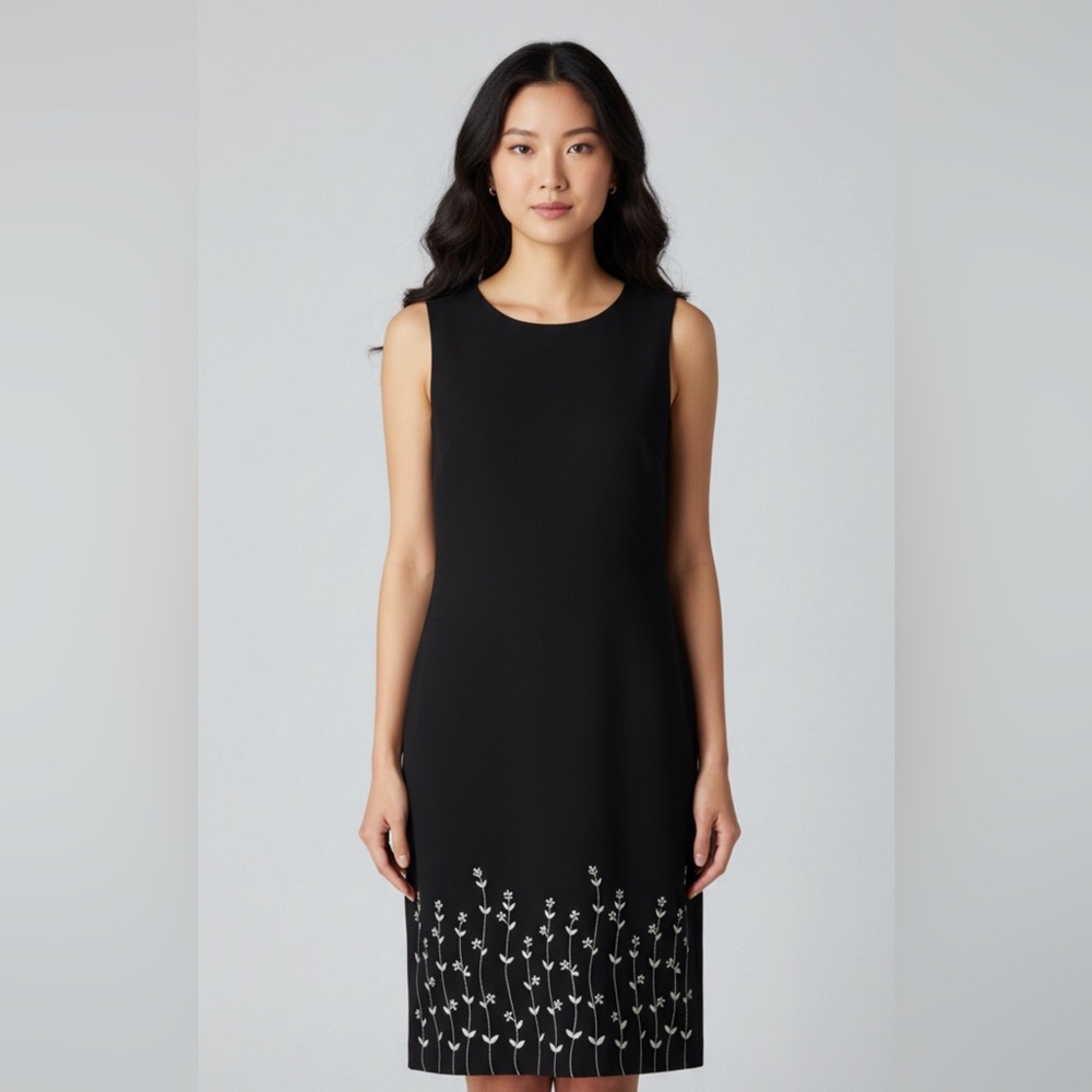 VINTAGE ALFANI SCOOP-NECK SLEEVELESS SHIFT DRESS‎ WITH FLORAL HEM CORPCORE EUC